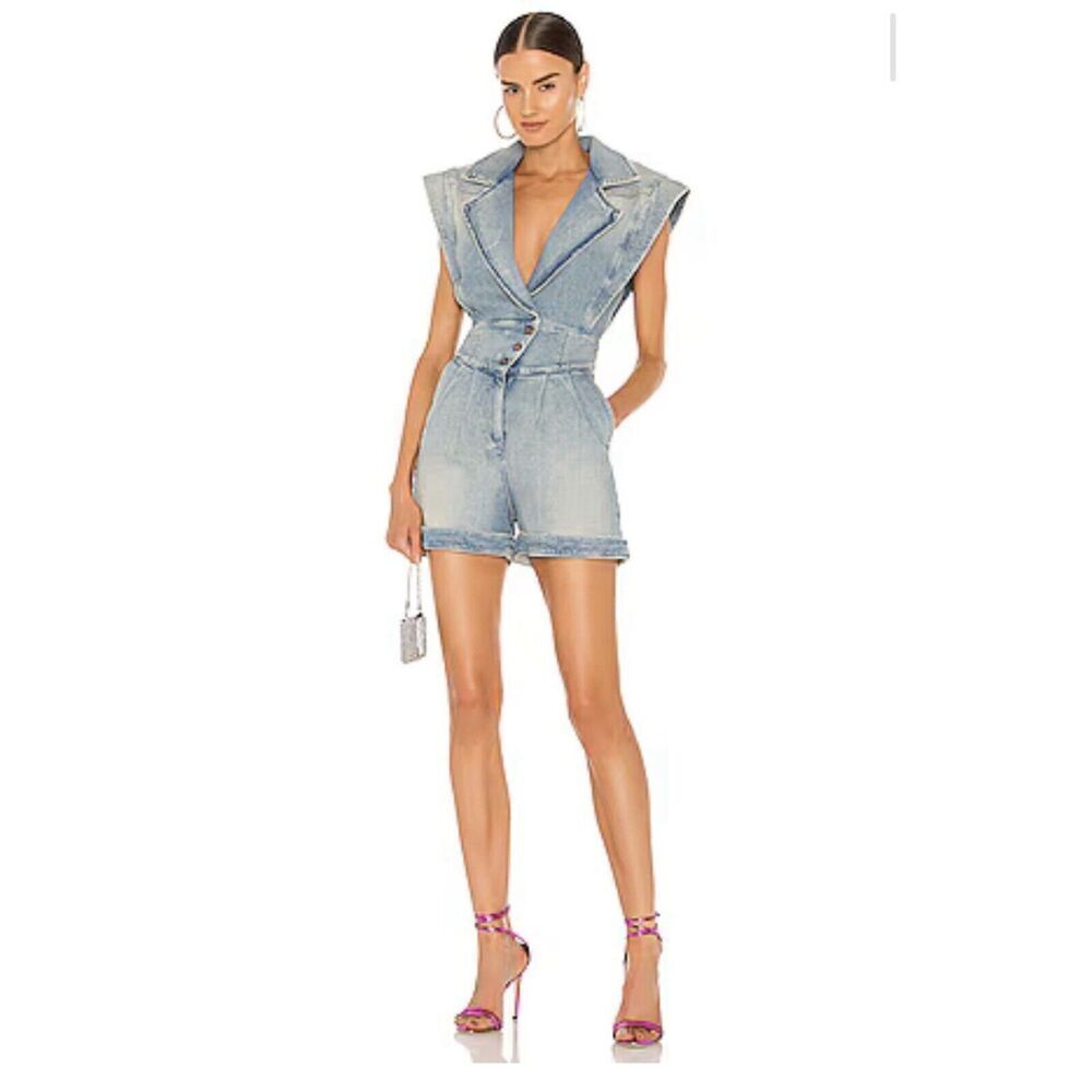 RETROFETE Collections Chantal Denim Shorts Romper Jumpsuit in Romano LW Size XL